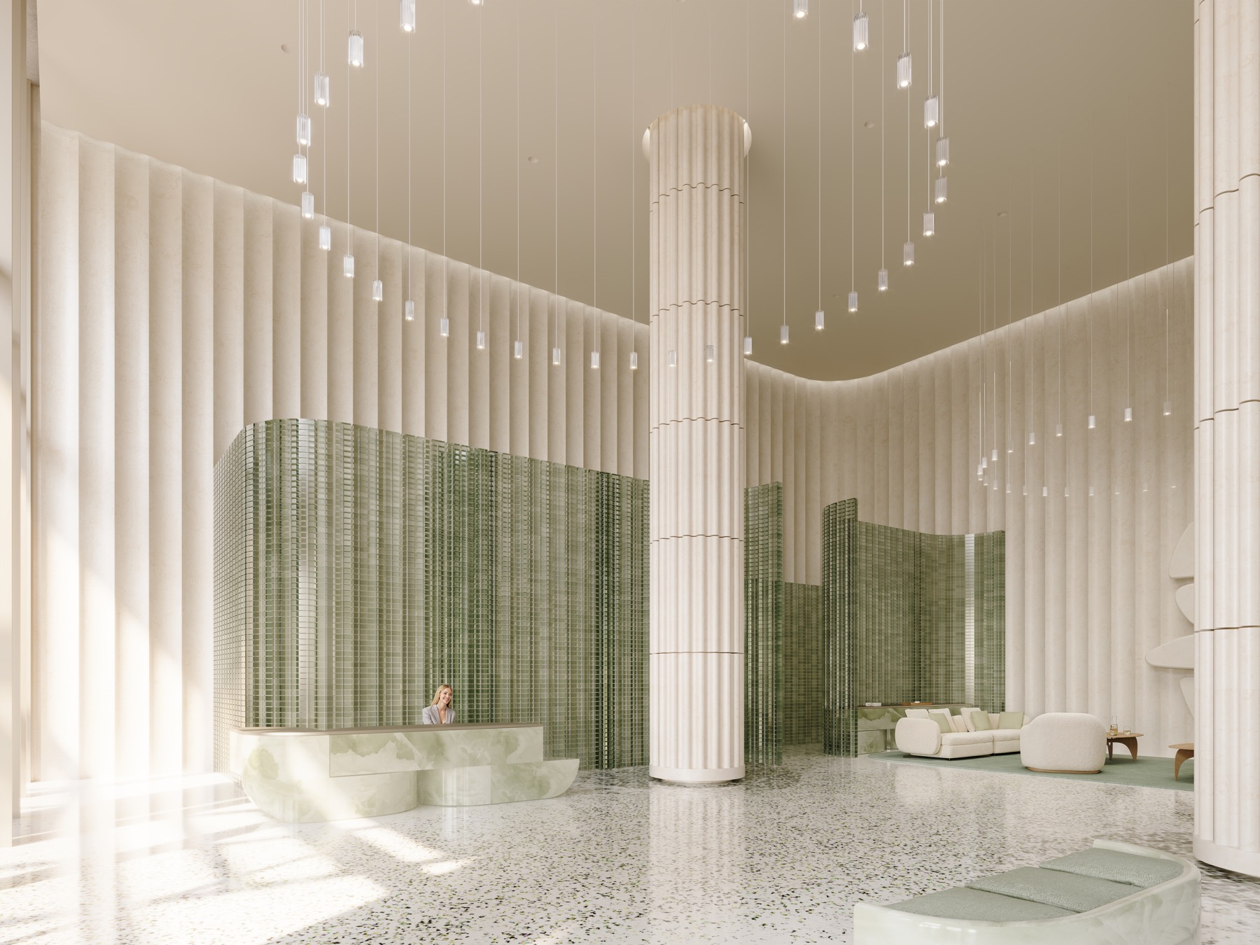 The soaring 28-foot lobby and lounge at Fouquet's Hotel & Residences — pale stone, warm oak, and floor-to-ceiling glass opening to the landscaped Design District garden, interiors by RDAI of Paris.