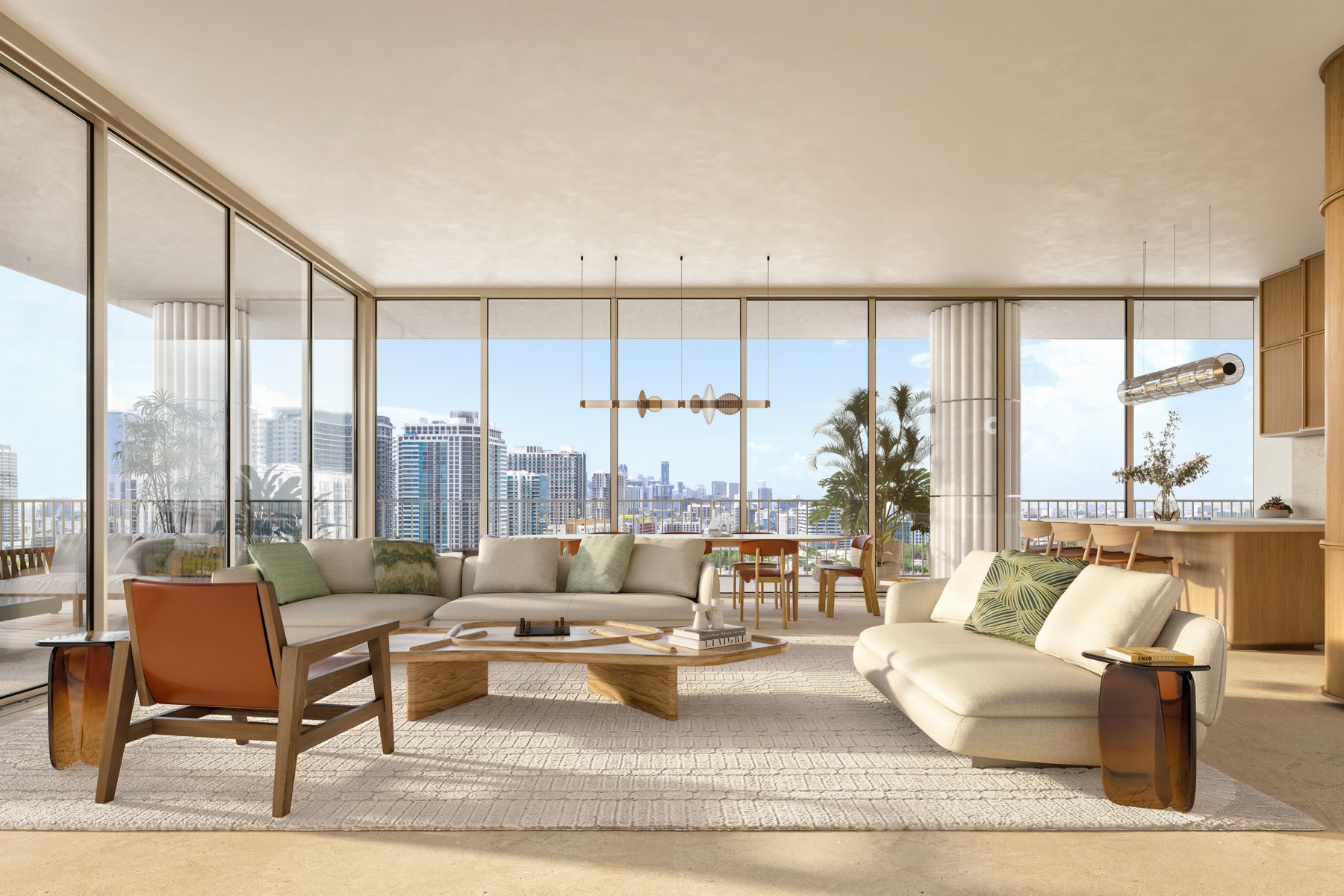 A living room at Fouquet's Hotel & Residences by RDAI — warm oak, large-format porcelain flooring, and a wall of champagne-mullion glass opening to a private terrace and the Miami skyline.