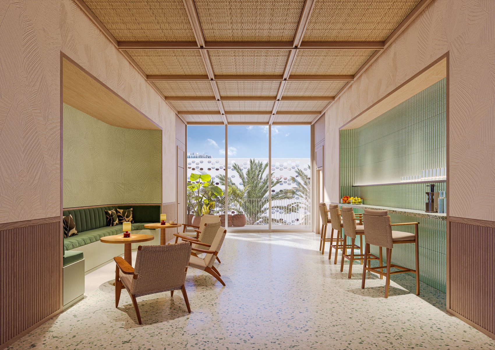 The Serenity Lounge at Fouquet's Hotel & Residences — soft seating, warm wood, and an adjacent planted terrace designed for quiet retreat.
